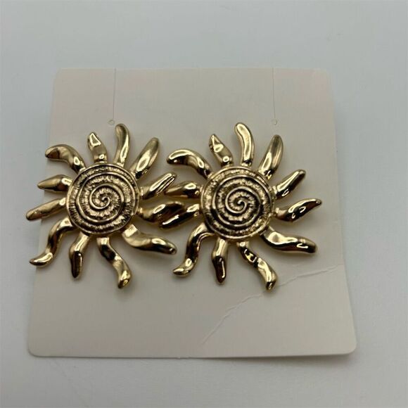 Bohemian Gold Tone Sun Starburst Sunflower Large Stud Pierced Earrings - Picture 4 of 8